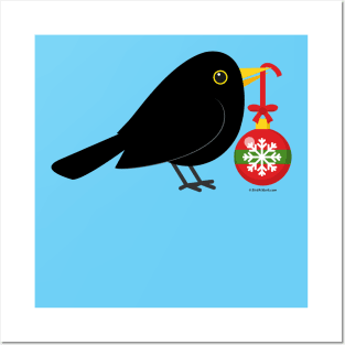 Cute Blackbird With A Christmas Ball Posters and Art